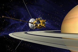 A Cassini entrando em órbita de Saturno, em ilustração da missão